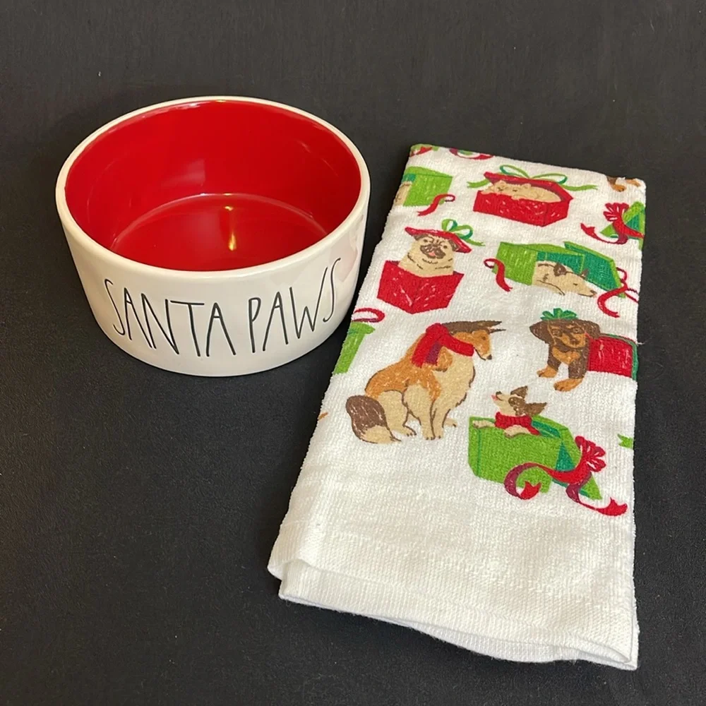 💸 Santa Paws Food/Water Bowl and Christmas Dog themed Kitchen Towel